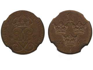 Coins, Sweden. Gustav V, MIS I.1e, 1 öre 1909. Large cross. Graded by NGC as MS64 BN. …