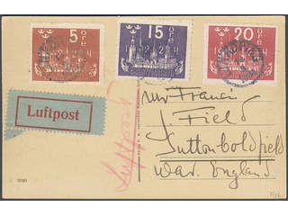 Sweden. Facit 199, 196, 198 on cover, 5+15+20 öre on early air mail postcard sent from …