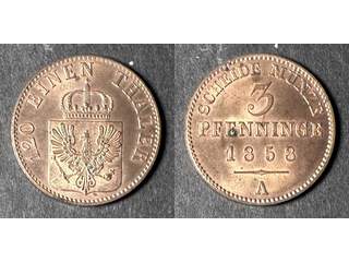 Tyskland - Preussen. Friedrich Wilhelm IV (1840-1861) 3 pfennige 1858 A, UNC röd lyster, liten fläck