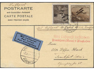 Liechtenstein. Air mail cover Michel 108, 109 , 15+25 rp on postcard sent from VADUZ …