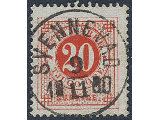 Sweden. Facit 33c used, 20 öre bright orange-red. Excellent canc. SVENNEVAD 9.11.1880.