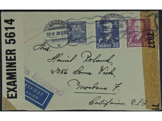 Sweden. Facit 346, 345, 348 cover , 30+60+90 öre on censored air mail cover sent from …