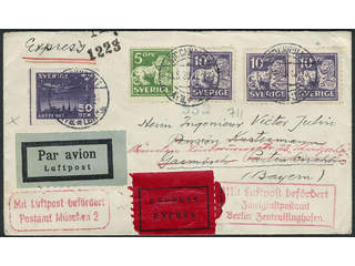 Sweden. Air mail cover Facit 143C, 145C, 232 , 5+3×10+50 öre on special delivery air …