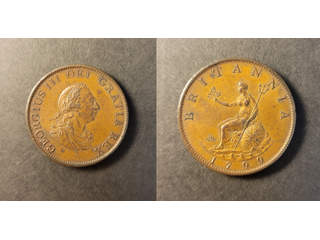 Storbritannien George III (1760-1820) 1/2 penny 1799, UNC med 5 kanonportar
