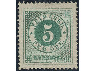 Sweden. Facit 19 (★), 5 öre green. Superb centering.