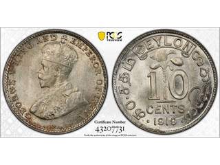 Ceylon George V (1910-1936) 10 cents 1919 B, UNC PCGS MS65