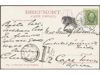 Sweden. Facit 52 cover , 5 öre on insufficiently prepaid postcard sent from STOCKHOLM 3 …