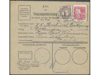 Sweden. Facit 149A, 88 cover , 10+30 öre on telegram money order sent from ENKÖPING …