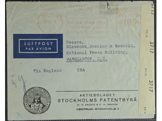 Sweden. Air mail coverMeter stamp 105 öre on censored air mail cover sent from STOCKHOLM …