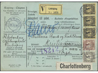 Sweden. Facit 77, 88, 91 cover , 30+50 öre + 3x1 kr on address card for insured parcel …