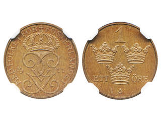 Coins, Sweden. Gustav V, MIS I.3, 1 öre 1911. Graded by NGC as MS64 BN. 01/0.
