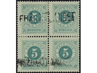 Sweden. Facit 43 used , 5 öre green in block of four. Cancelled with Finnish …