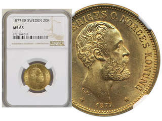 Coins, Sweden. Oskar II, MIS II.3b, 20 kronor 1877. Graded MS63 by NGC. SG8. 01/0.