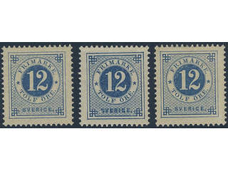 Sweden, Sverige, Sverige, Sverige. Facit 32 ★, 12 öre blue. Three very fine–superb …