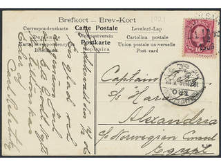 Sweden. Facit 54 cover, 10 öre on postcard sent from HUDIKSVALL LBR 12.12.1906 to Egypt. …