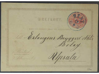 Sweden. Facit bKe3A, U county. HEBY 13.9.1876. Blue cancellation on postcard 10 öre with …