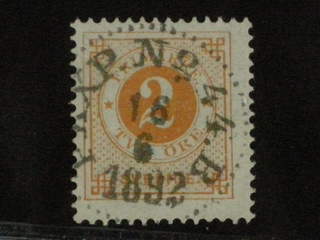 Sweden. Facit 40 used, 2 öre gul. Praktstämplat PKXP No 44B 16.6.1892.