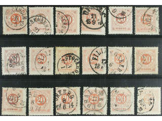 Sweden. Facit 22 used , 20 öre orange, eighteen used copies. Shades, varieties, …