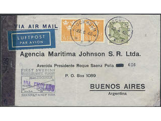 Sweden. Air mail cover Facit 281, 294 , 40 öre + 2x1 kr on censored air mail cover sent …
