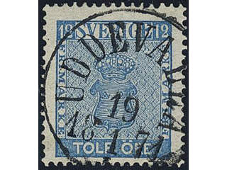Sweden. Facit 9d3 used , 12 öre light blue, perforation of 1865. EXCELLENT cancellation …