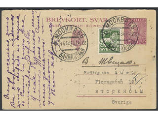Sweden. Postal stationery, double postcard Facit bKd22, 143A , 15 öre reply part, …