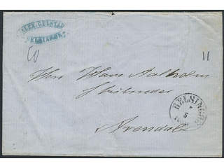 Denmark. Prephilately. Folded letter sent from HELSINGØR 5.5.1866 to Arendal, via …
