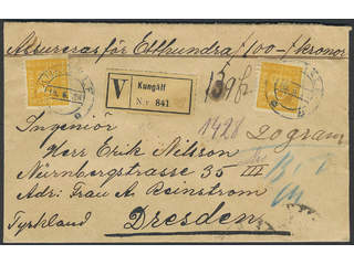 Sweden. Facit 156 cover , 2x25 öre on insured cover snet from KUNGÄLF 15.6.24 to …