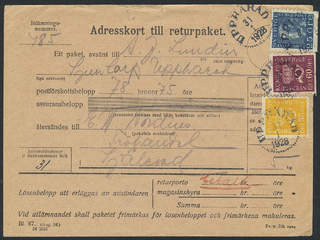 Sweden. Facit 157, 163, 183 cover , 25+35+60 öre on address card for returned parcel, …