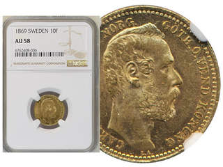 Coins, Sweden. Karl XV, SM 11, 1 carolin 1869. Graded AU58 by NGC. SG26. 01.