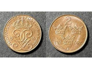 Sverige Gustav V (1907-1950) 2 öre 1916, 01/0, Lång 6:a, små fläckar