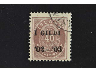 Iceland. Facit 57v3 used , 1902 Surcharge “Í GILDI” 40 aur lilac perf 12¾, black …
