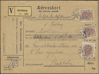 Sweden. Official Facit Tj52 , 3x30 öre on address card for insured parcel sent from …