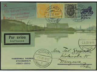 Sweden. Air mail cover Facit 71, 72, bKe35 , Postcard 10 öre additionally franked with …