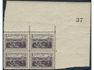 Luxembourg. Michel 136A ★, 1921 Landscapes 5 Fr dark violet perf 11½ × 11. Block of four …