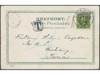 China, Incoming mail. Michel 52 on cover, Sweden. 5 öre on insufficiently paid postcard …