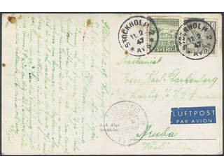 Sweden. Facit 283, 368A on cover, 5+50 öre on air mail postcard sent from STOCKHOLM 2 …