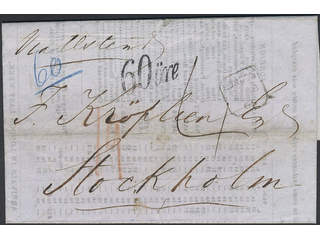 Sweden. Postage due mail. Postage due mark 60 ÖRE on letter sent from Great Britain "via …