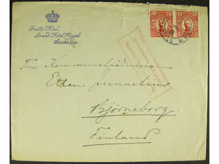 Sweden. Facit 82 cover , 2x10 öre on advertisment cover (Grand Hotel) (tear) sent from …