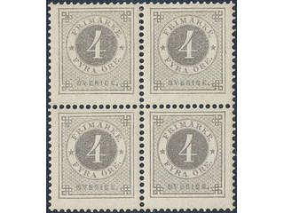 Sweden. Facit 42e ★★, 4 öre light grey on yellowish. Fresh block of four. SEK 3000
