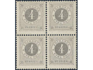 Sweden. Facit 42e ★★, 4 öre light grey on yellowish. Fresh block of four. SEK 3000