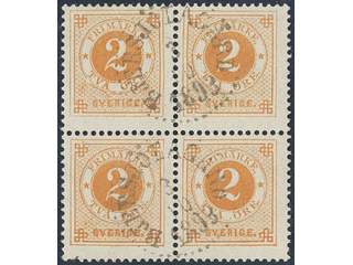 Sweden. Facit 40b used , 2 öre orange in block of four. Cancelled BJERSJÖLAGÅRD …