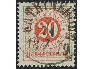 Sweden. Facit 33b used , 20 öre orange-red. EXCELLENT cancellation KATRINEHOLM 14.7.1879.