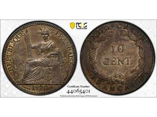Franska Indokina 10 cents 1920, PCGS AU53 Ettårstyp