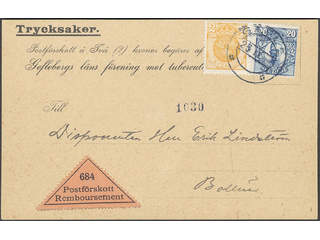 Sweden. Facit 72, 85 cover , 2+20 öre on cash on delivery postcard sent from GÄFLE …