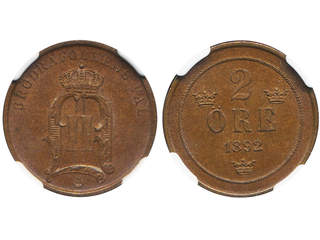 Coins, Sweden. Oskar II, MIS II.21, 2 öre 1892. Graded by NGC as MS64 BN. 01/0.