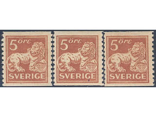 Sweden. Facit 142Acx ★★ , 5 öre brown-red, type II with watermark lines. Three copies - …