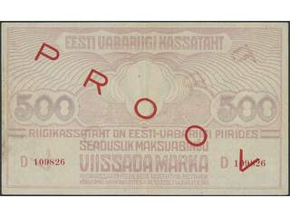Banknotes, Estonia. Pick 49fs, 500 markkaa ND (1920). D109826. Red overprint PROOV on …