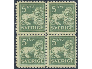 Sweden. Facit 140Ca ★★ , 5 öre green, type I, perf on four sides in block of four. …