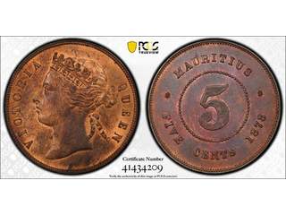 Mauritius Queen Victoria (1837-1901) 5 cents 1878, UNC, PCGS MS64 RB