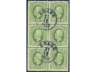 Sweden. Facit 52 used , 5 öre in block of six cancelled EDANE 21.12.1910.